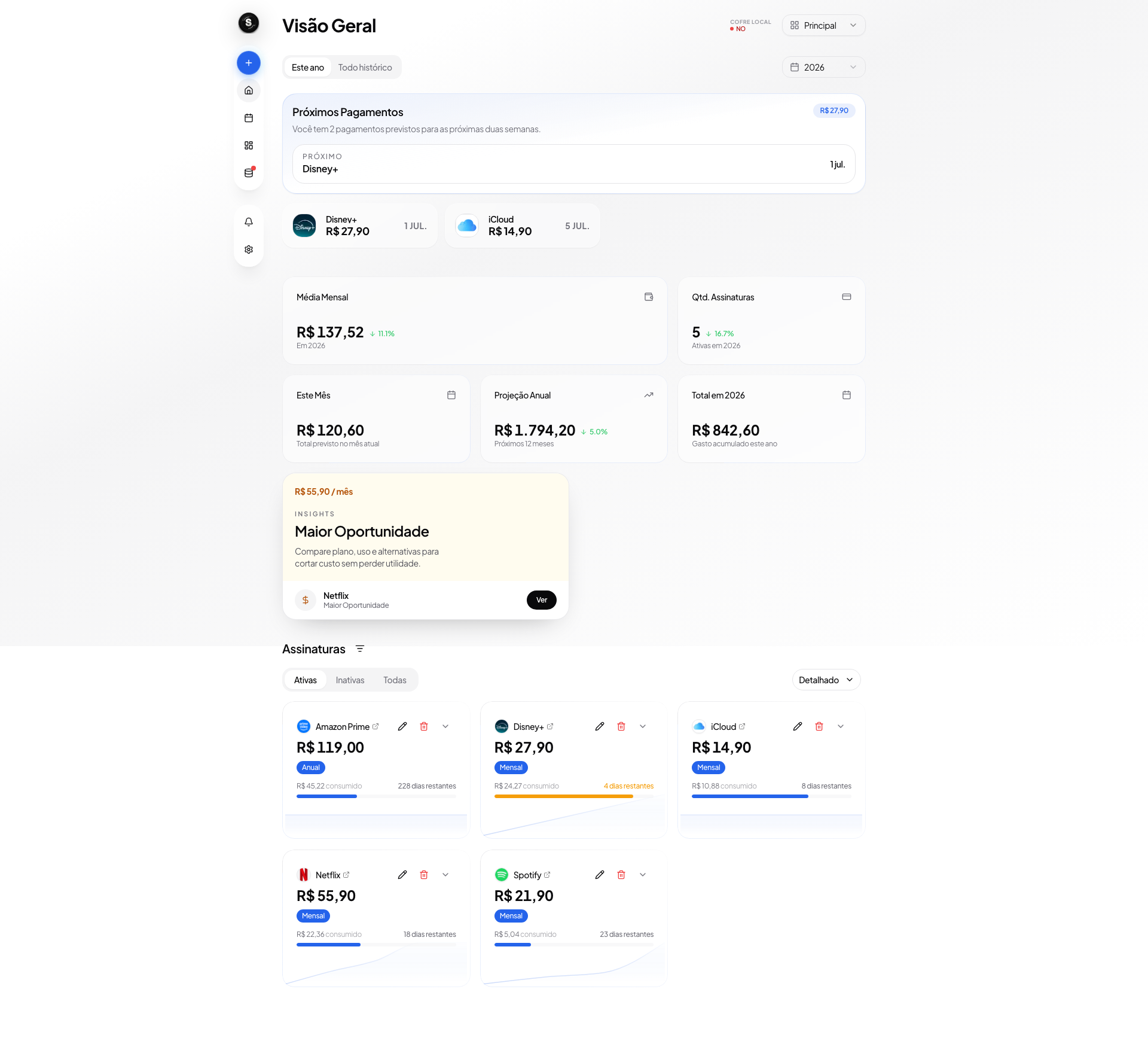 Dashboard principal do Subflix no desktop