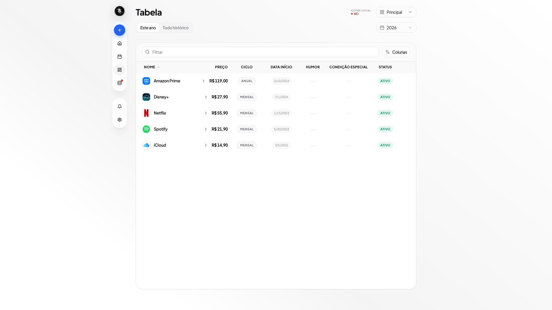 Tabela de assinaturas no desktop