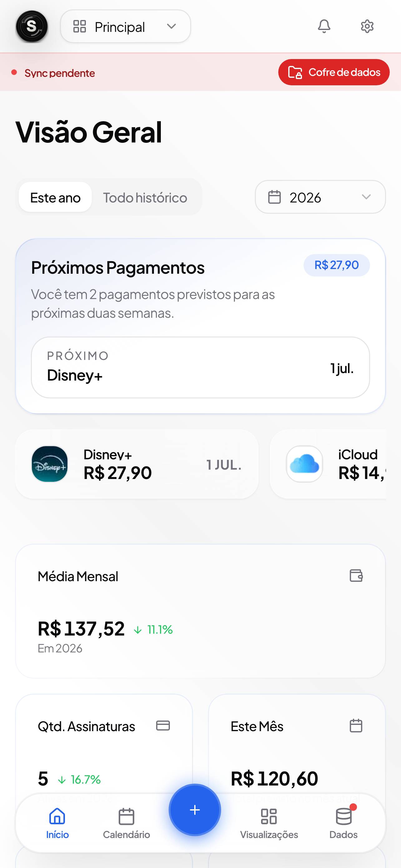 Dashboard principal do Subflix no mobile